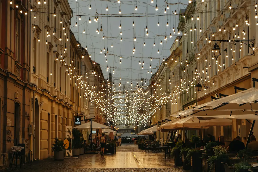 warm-lit street for romanian wine moments